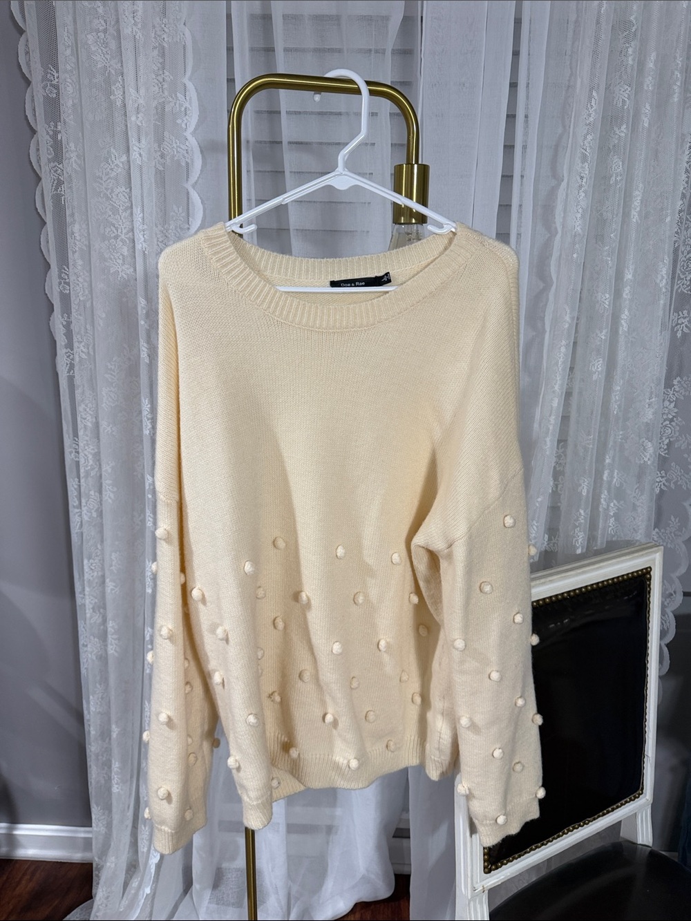 Doe & Rae Cream Pom-Pom Crewneck Sweater